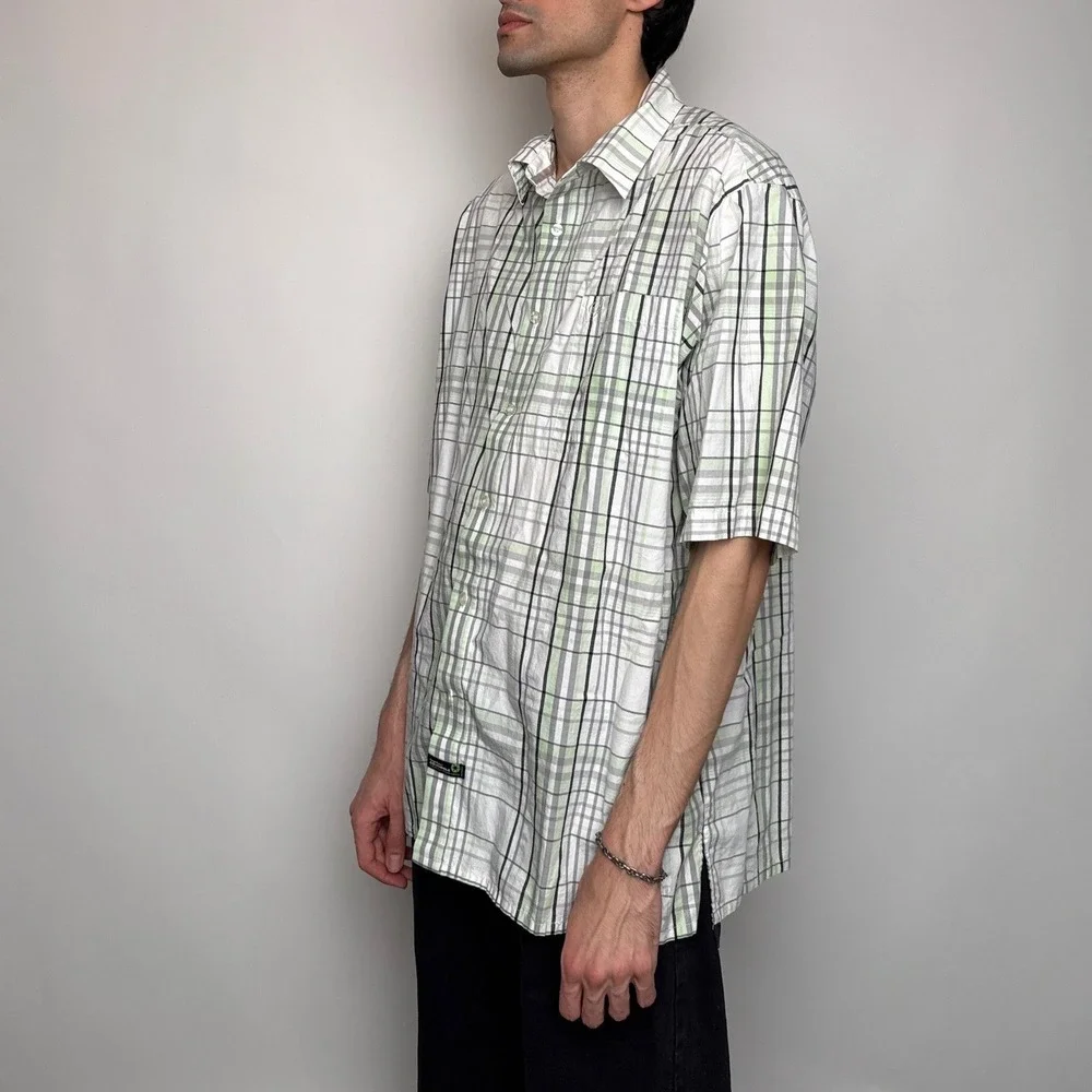 Southpole Mens XL Short Sleeve Button Down Shirt Plaid Lime Green Y2K Baggy - Picture 2 of 11